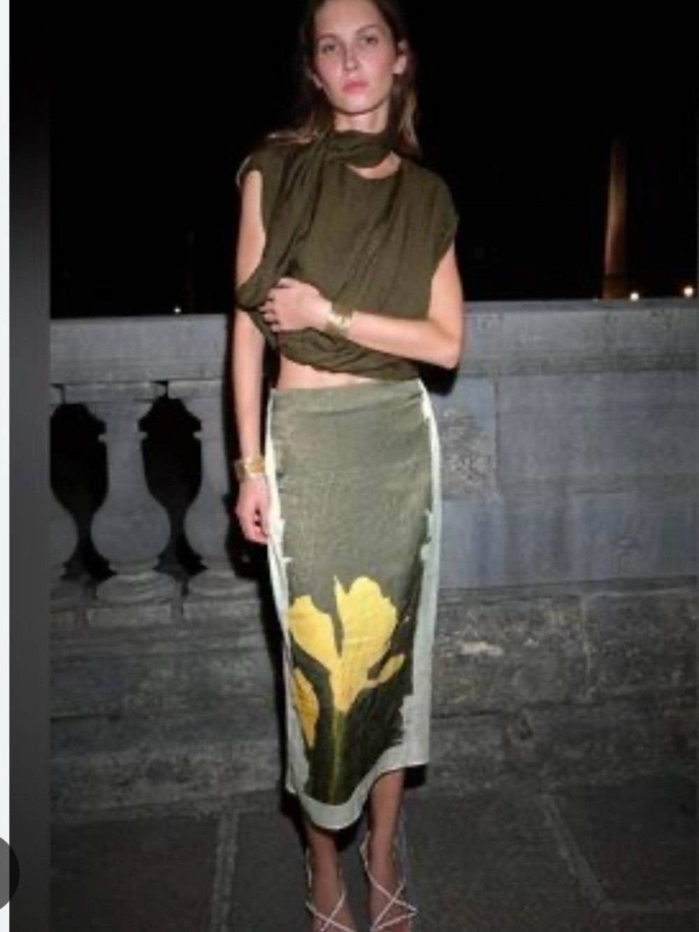 Zara Wrinkled Effect Floral Art Print Olive Green Midi Skirt